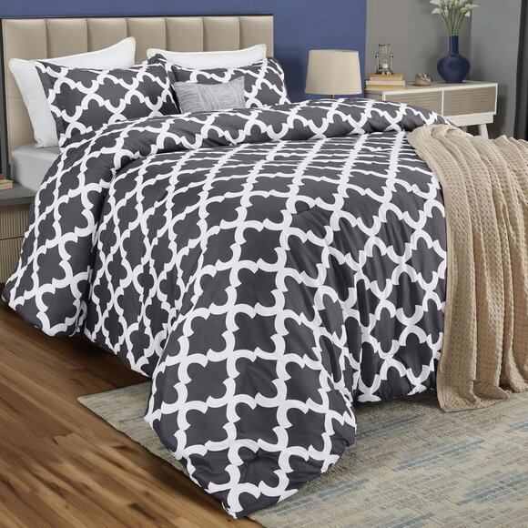 Comforter Set Grey, Printed Comforters King  or Queen Size, 3 Piece Lightweight - Picture 1 of 5